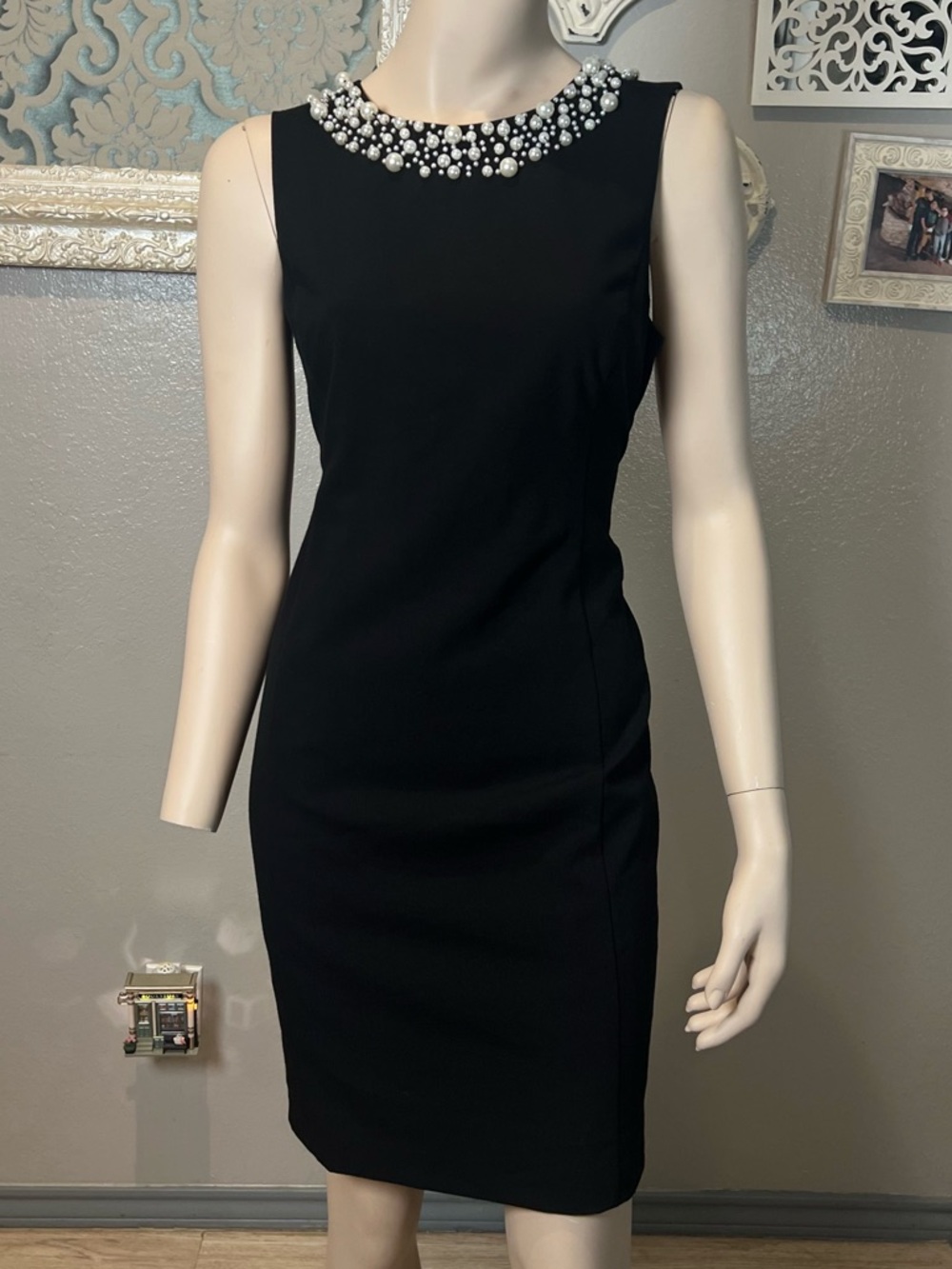 Calvin Klein Black Sleeveless Sheath Dress with Jeweled Pearl Neckline